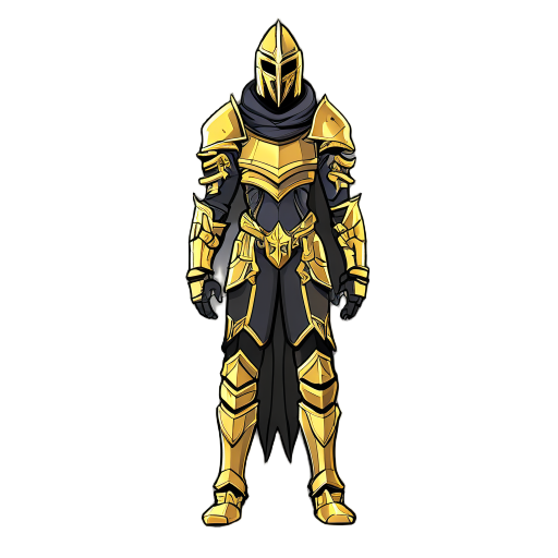 a tall, thin warrior with armor covered with gold details, one-armed, masked, armored