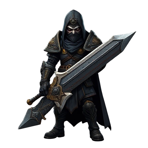 realist, masked-armed warrior in dark, bloodstained armor with golden details, holding a massive broken sword. vengeful expression, soulslike, only dark tones, battle-worn and grim.
