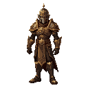 a tall, thin warrior with armor covered with gold and brown and red and black details, one-armed, masked, armored