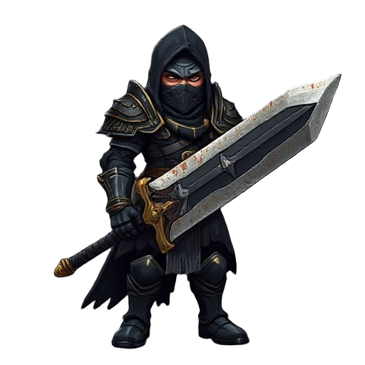 realist, masked-armed warrior in dark, bloodstained armor with golden details, holding a massive broken sword. vengeful expression, soulslike, only dark tones, battle-worn and grim.