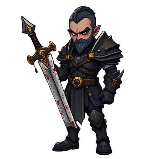 one-armed warrior in dark, bloodstained armor with golden details, holding a massive broken sword. vengeful expression, soulslike, only dark tones, battle-worn and grim.