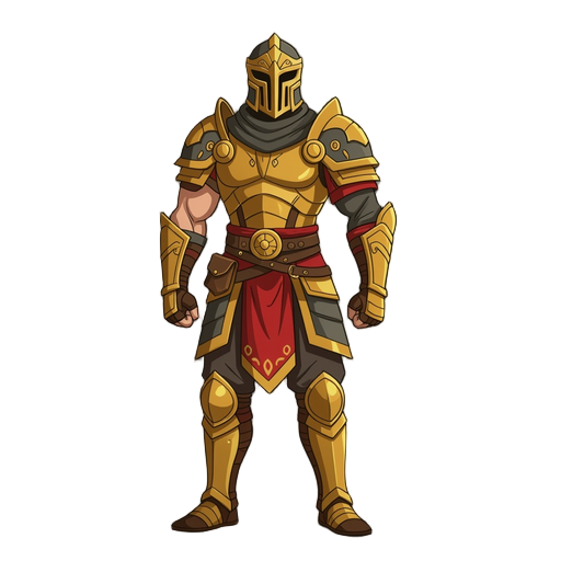 a tall, thin warrior with armor covered with gold and brown and red and black details, one-armed, masked, armored