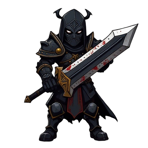 masked-armed warrior in dark, bloodstained armor with golden details, holding a massive broken sword. vengeful expression, soulslike, only dark tones, battle-worn and grim.