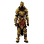a tall, thin warrior with armor covered with gold and brown and red and black details, one-armed, masked, armored