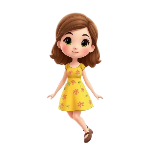 chibi doll-like adult female character, walking moving towards the south-east direction.  appearance: wavy shoulder-length brown hair, dark eyes, yellow garden dress with flower pattern