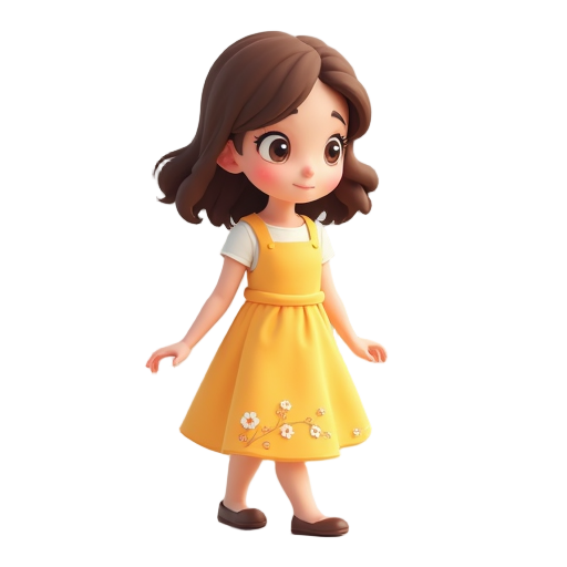 chibi doll-like adult female character, walking moving towards the south-east direction.  appearance: wavy shoulder-length brown hair, dark eyes, yellow garden dress with flower pattern