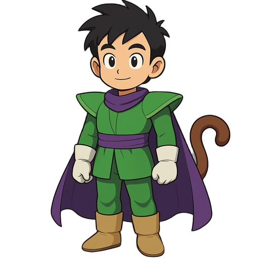 um garoto com cauda de macaco estilo dragon ball, a roupa é inpirada no traje do picolo com capa. 