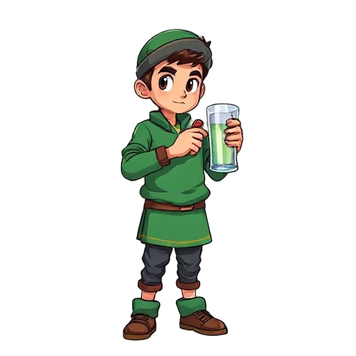 estilo snes, de un joven alquimista con túnica verde y capucha, sosteniendo un frasco brillante.