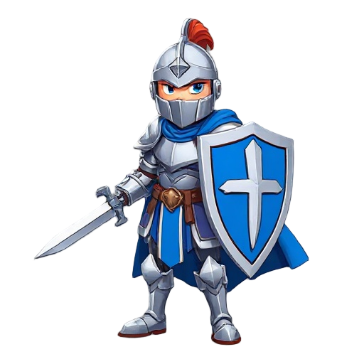 medieval knight character with silver armor and a blue cape, holding a big sword and shield. front and side view