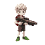 white boy with curly hair, with a red backpack, green shoes and an alien gun. inspired by spelunky.