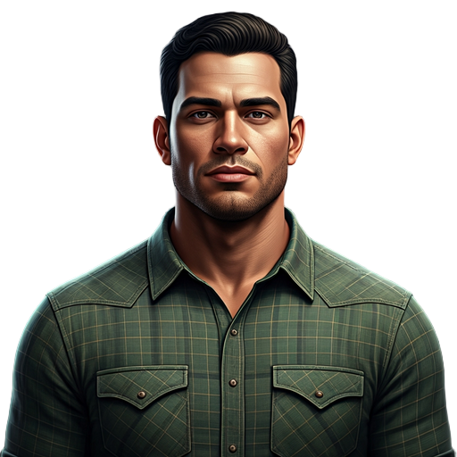 ultra realistic portrait of a 24-year-old brazilian man with an athletic build, short height (around 1.70 m), medium tan skin, short dark brown hair, and light stubble. he is wearing a green and brown plaid western snap-button flannel shirt, slightly worn