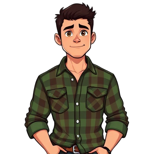 realistic portrait of a 24-year-old brazilian man with an athletic build, short height (around 1.70 m), medium tan skin, short dark brown hair, and light stubble. he is wearing a green and brown plaid western snap-button flannel shirt, slightly worn, with