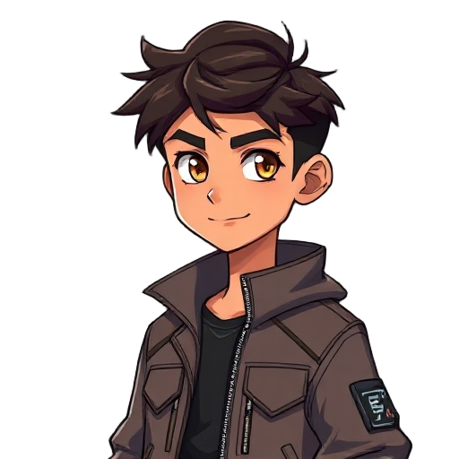 anime-style portrait of a teenage boy with tan skin, short messy dark brown hair, expressive amber eyes, confident smirk, wearing a stylish streetwear jacket with a high collar and subtle techwear ele