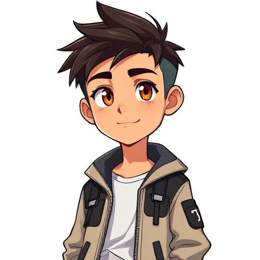 "anime-style portrait of a cool teenage boy with tan skin and short messy dark brown hair, expressive amber eyes, confident smirk, wearing a modern streetwear jacket with a high collar, subtle techwea