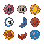 generate a set of high-quality 2d sprites for elements that participate in lewis structures. each element should be represented as a circular nucleus with the correct number of valence electrons surro