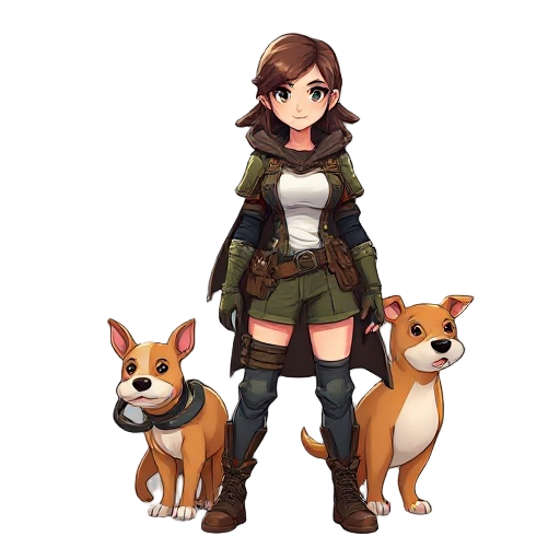 cria imagem de uma mulher guerreira, detalhes da roupa calça, militar camuflada, e casaco marrom, com blusa branca, do lada dela (2) cachorros um da cor todo marrom escuro, e outro caramelo fazendo a segurança dela