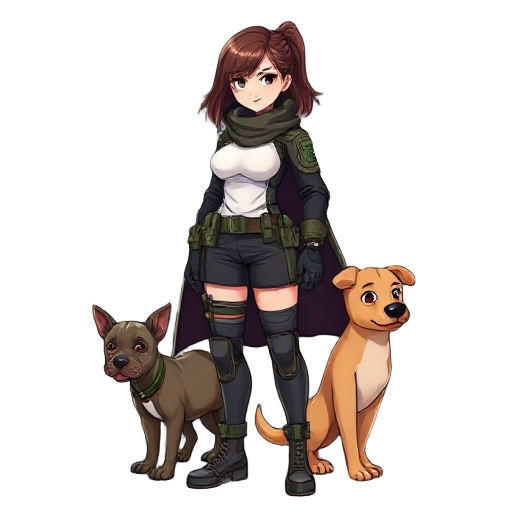 cria imagem para mugen  de uma mulher com ângulo  de lado,guerreira, detalhes da roupa calça, militar camuflada, e casaco marrom, com blusa branca, do lada dela (2) cachorros um da cor todo marrom escuro, e outro caramelo fazendo a segurança dela