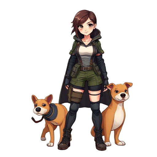 cria imagem para mugen  de uma mulher com ângulo  de lado,guerreira, detalhes da roupa calça, militar camuflada, e casaco marrom, com blusa branca, do lada dela (2) cachorros um da cor todo marrom escuro, e outro caramelo fazendo a segurança dela