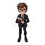 a nerd that has brown hair and black suit walks with a book