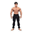 a strong anime man without shirt but with black pants and no shoes