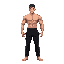 a strong anime man without shirt but with black pants and no shoes