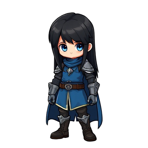 64x64 black hair, straight hair, white, blue eyes, blue knight clothes, leather, no armor, 