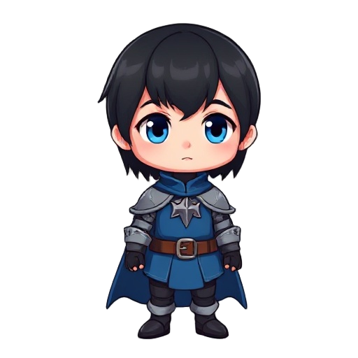 64x64 black hair, straight hair, white, blue eyes, blue knight clothes, leather, no armor, cute looking