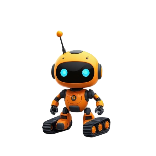 a small, cute, orange humanoid robot that moves on tracks and has an antenna that defines its current status.