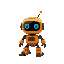 a small, cute, orange humanoid robot that moves on tracks and has an antenna that defines its current status.