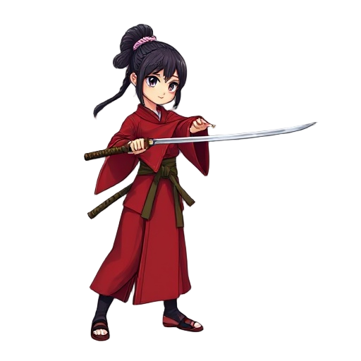 samurai girl wear red kimono and then stand stance with iaido to ready for fight. this is stance for quickly slash katana blade in front of.