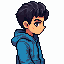 hacer una imagen de una persona con cabello negro lizo, un abrigo azul y jins azule con uno tenis blanco