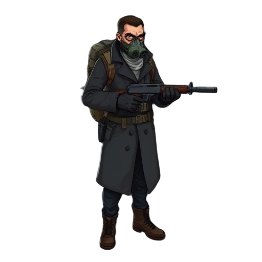 tall, slim man in a dark gray trench coat, gas mask, backpack, gloves, and boots. wields a shotgun. post-apocalyptic survivor with a worn, utilitarian look.