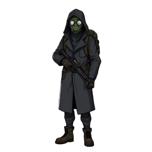 tall, slim man in a dark gray trench coat, gas mask, hooded like a sailor's raincoat, backpack and boots. wields a shotgun. worn, utilitarian, post-apocalyptic survivor.