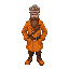 russian guy with ushanka and military outfit like general, with vodka in his belt, stylish clothes, with strong orange coat, grey ushanka with emblem with red, long beard brown, googles in the hat, orange boats