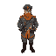 russian guy with ushanka and military outfit like general, with vodka in his belt, stylish clothes, grey/orange inspired palette