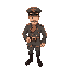 russian guy with russian hat and military outfit like general, with vodka in his belt, stylish clothes, grey/orange/brown inspired palette