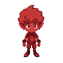 little red imp with afro, stylish clothes, red inspired palette