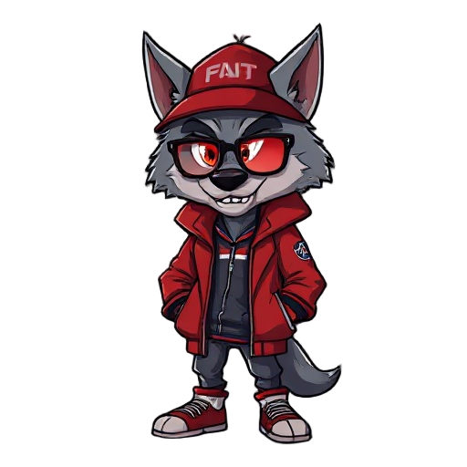 werewolf with gangster hat and red american futball jacket, grey fur, cool glasses, stylish clothes, red inspired palette