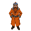 russian guy with ushanka and military outfit like general, with vodka in his belt, stylish clothes, with strong orange coat, grey ushanka, long beard brown, googles in the hat. cool color palette