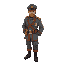 russian guy with ushanka and military outfit like general, with vodka in his belt, stylish clothes, grey/orange inspired palette