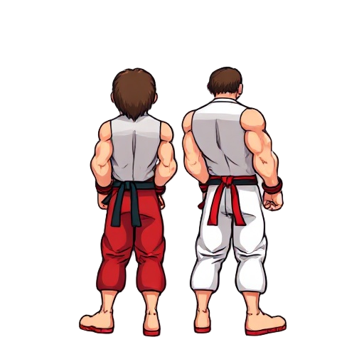 generate a base character for a fighting game, like street fighter, pixel, back and front