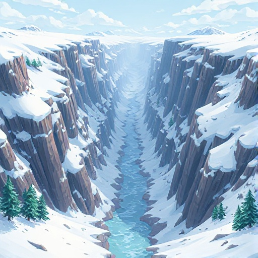 a large snowy canyon with a river flowing through the middle