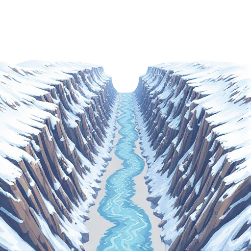 a large snowy canyon with a river flowing through the middle