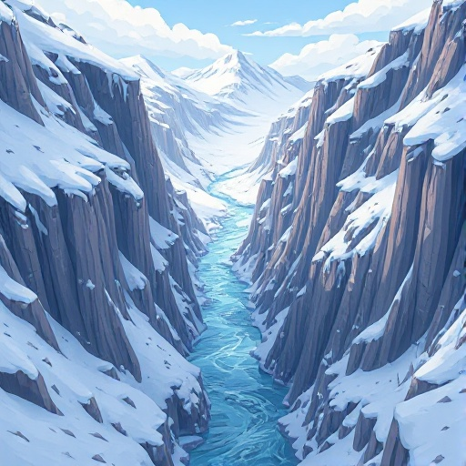 a large snowy canyon with a river flowing through the middle