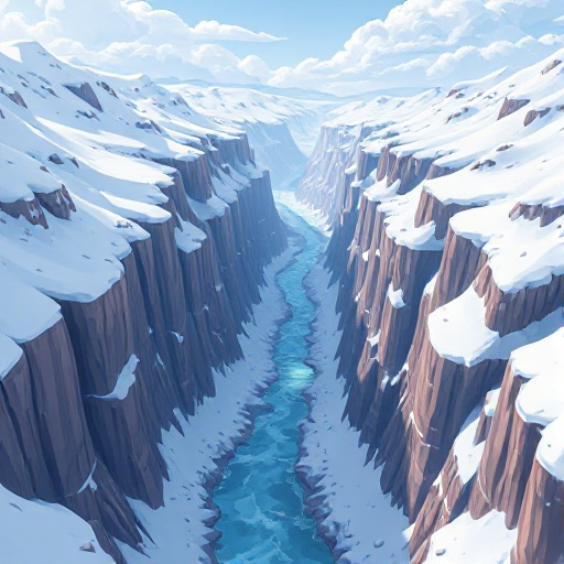 a large snowy canyon with a river flowing through the middle