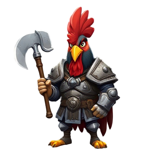 a rooster warrior wearing a big steel armour armed with a mace