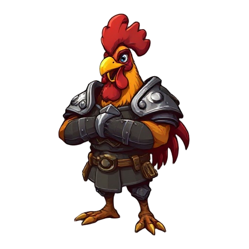 a rooster warrior wearing a bit steel armour wiht closed arms