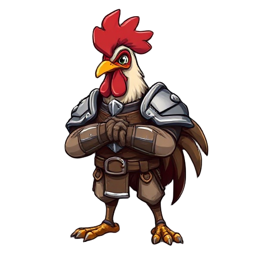 a rooster warrior wearing a bit steel armour wiht closed arms