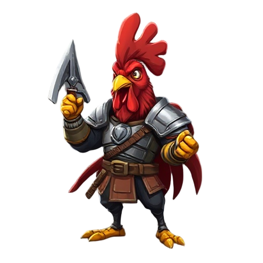 a rooster warrior wearing a bit steel armour beating its hands
