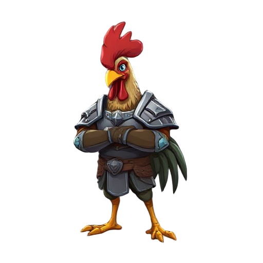 a rooster warrior wearing a bit steel armour wiht closed arms